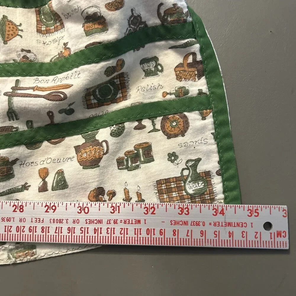 Vintage Retro Half Apron 1970's w/ Kitchen Theme Mushrooms Green Brown Handmade